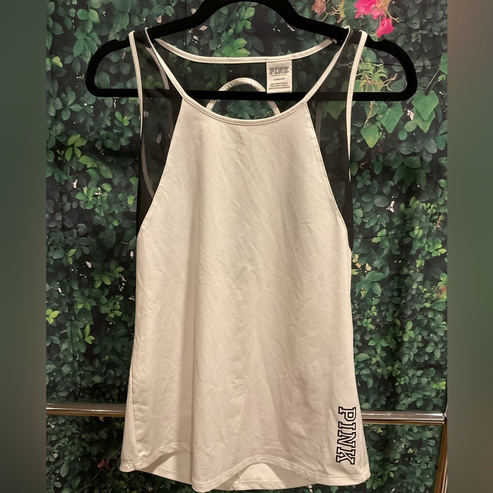 PINK Victoria's Secret White High-Neck Tank Top with Logo